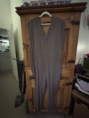 V-Neck Taupe Jumpsuit with Cinched Waist